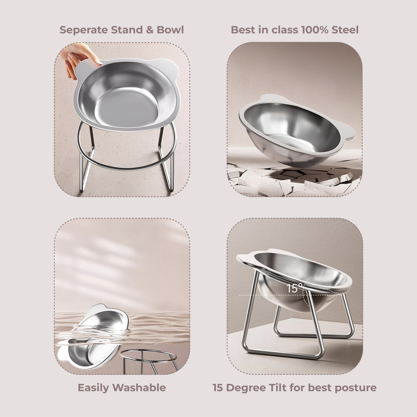 FeastEase 15° Elevated Stainless Steel Feeding Bowl for Cats