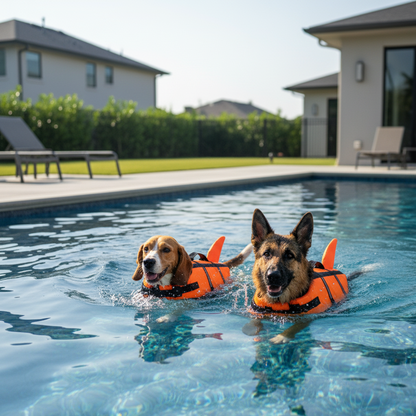 Two dogs swimming in a pool wearing life vests with a house and lawn in the background.